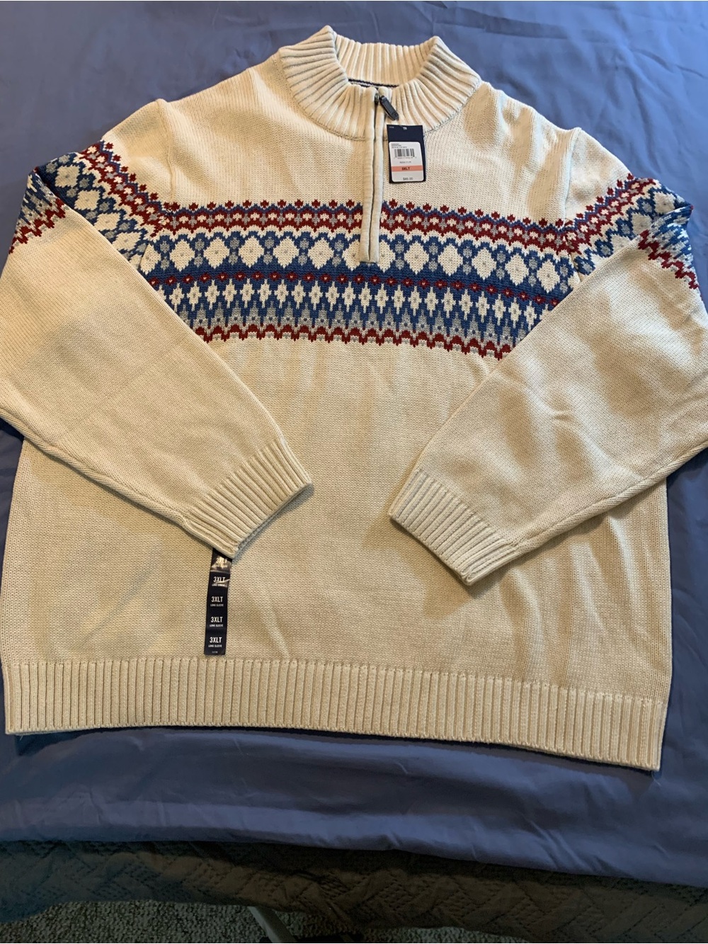 Izod Cream Half-Zip Fair Isle Sweater with Blue and Red Accents